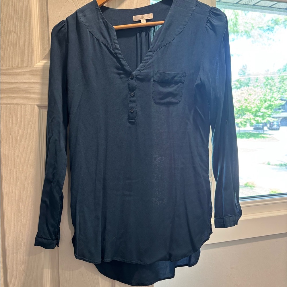 Blue Long Sleeve Relaxed Blouse with Mandarin Collar